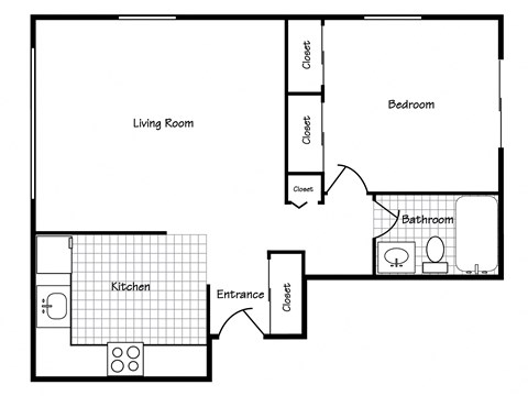 Floor plan for 1 bed, 1 bath, 634 sqft